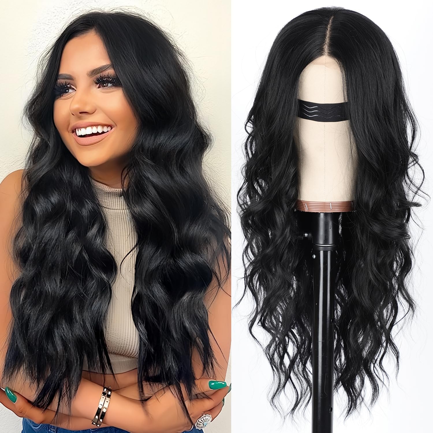 AISI HAIR Long Wavy Black Wig front view on a mannequin showing the natural lace hairline middle part