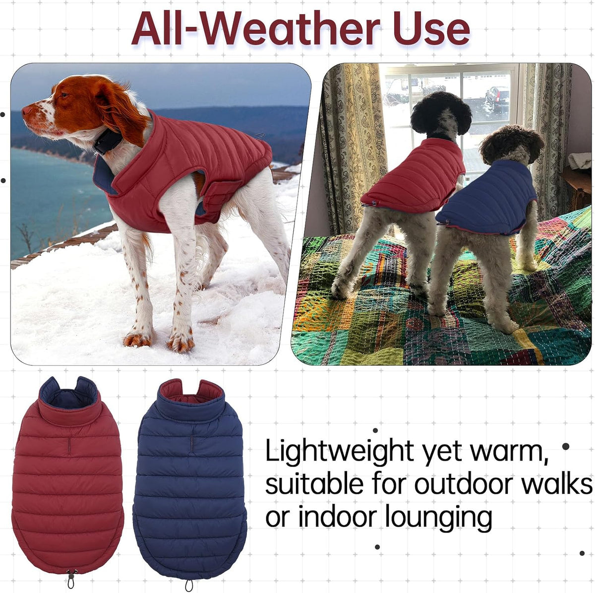 Side profile view of a large dog wearing the lightweight Lelepet winter apparel