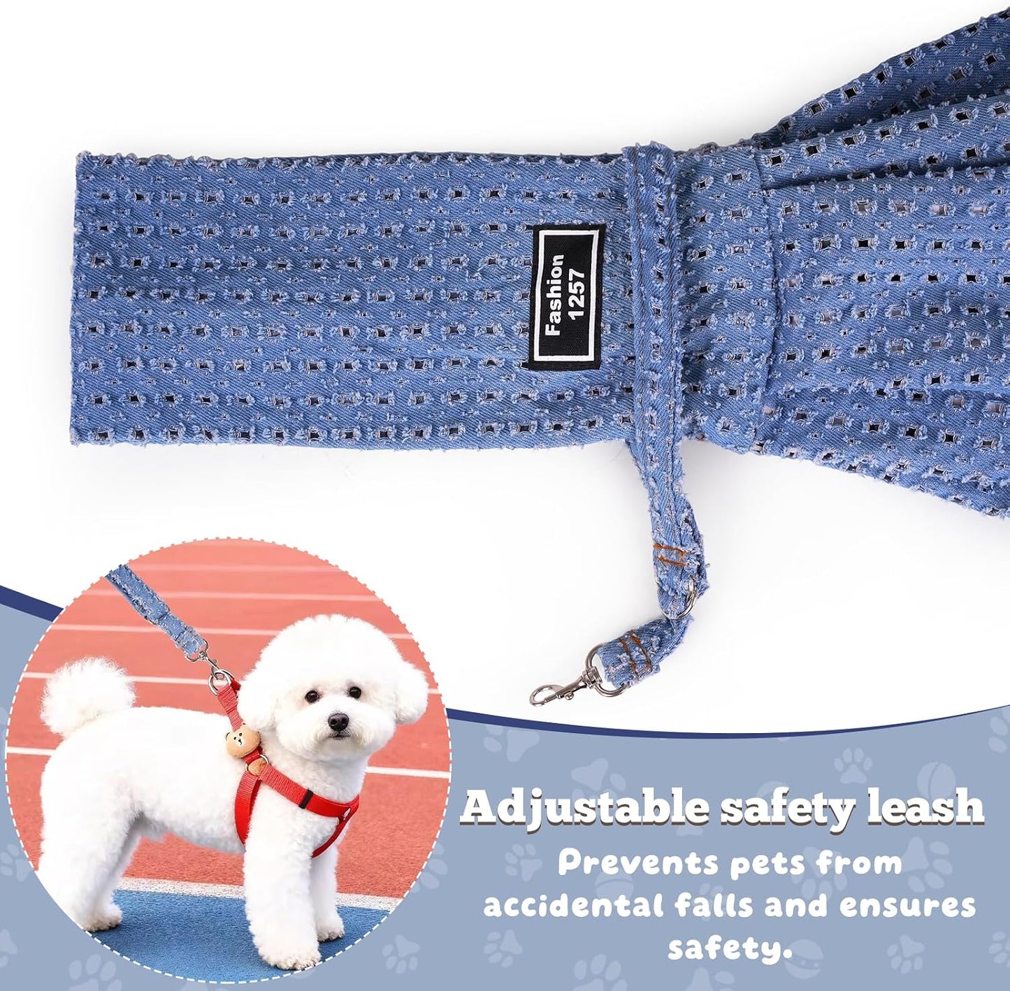 Front pocket detail of denim small pet sling carrier