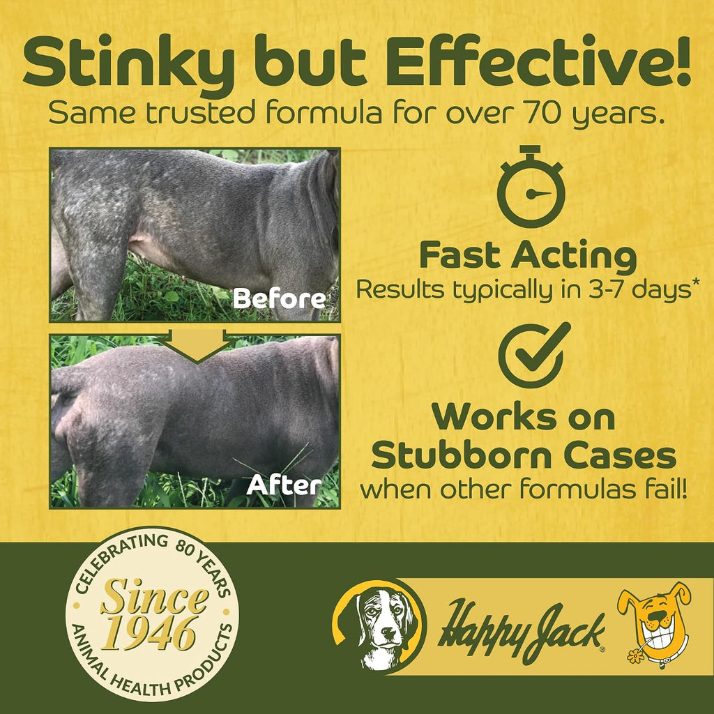 Happy Jack sulfur based dog mange and hot spot treatment solution label details
