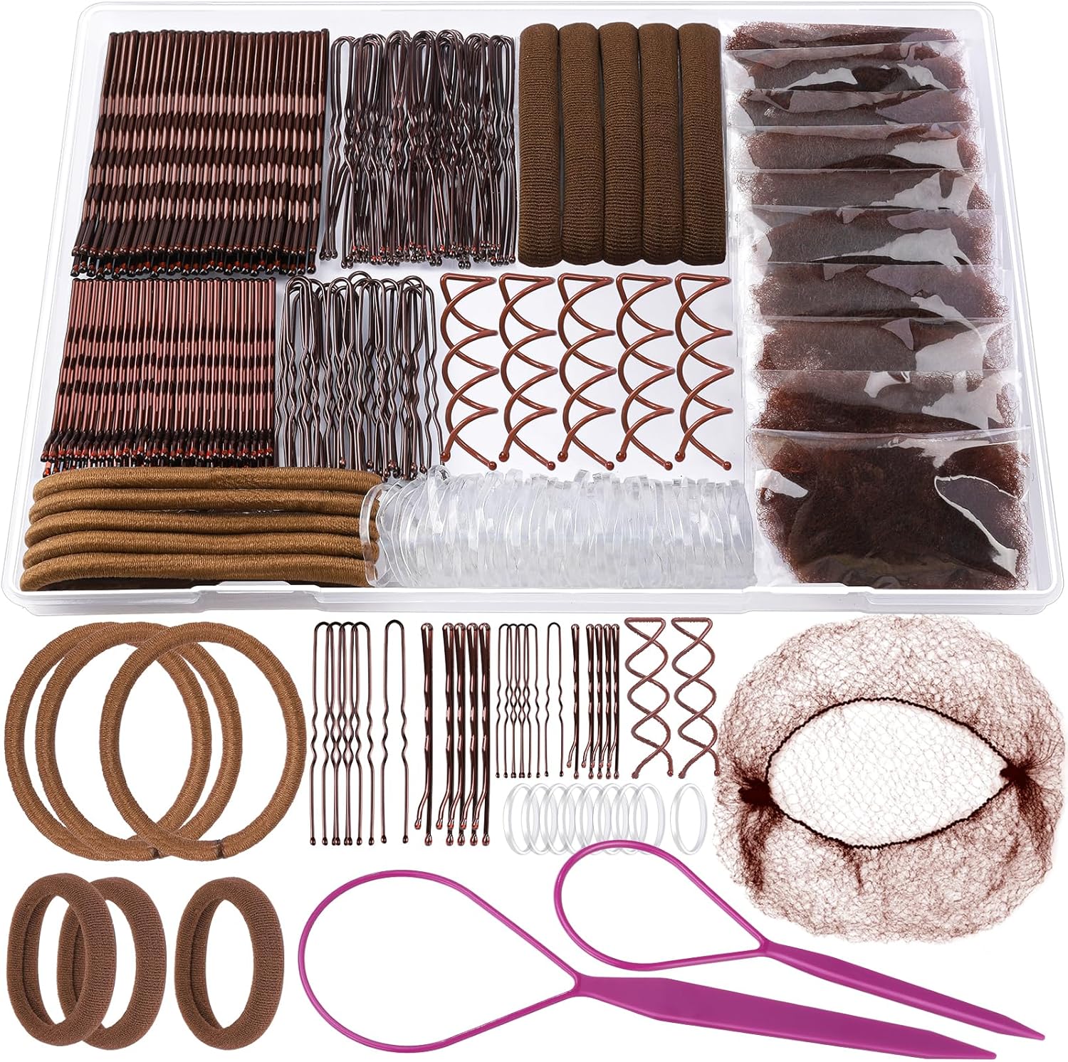 Teenitor Bobby Pins Hair Net Kit front view of organized plastic storage box containing brown pins and styling accessories