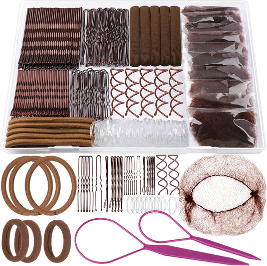 Teenitor Bobby Pins Hair Net Kit front view of organized plastic storage box containing brown pins and styling accessories