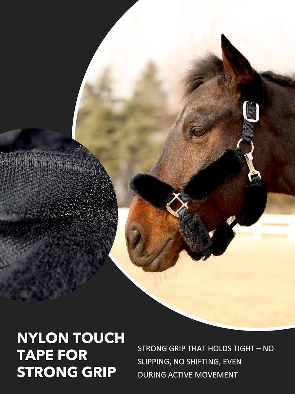 Ultra-soft anti-rub horse halter wraps installed on leather tack close up.