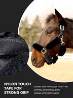 Ultra-soft anti-rub horse halter wraps installed on leather tack close up.