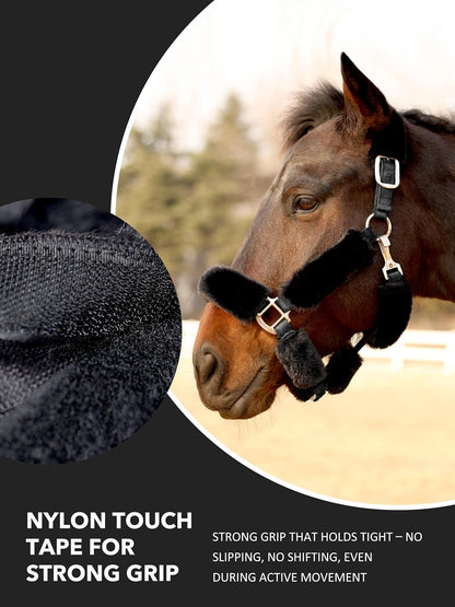 Ultra-soft anti-rub horse halter wraps installed on leather tack close up.