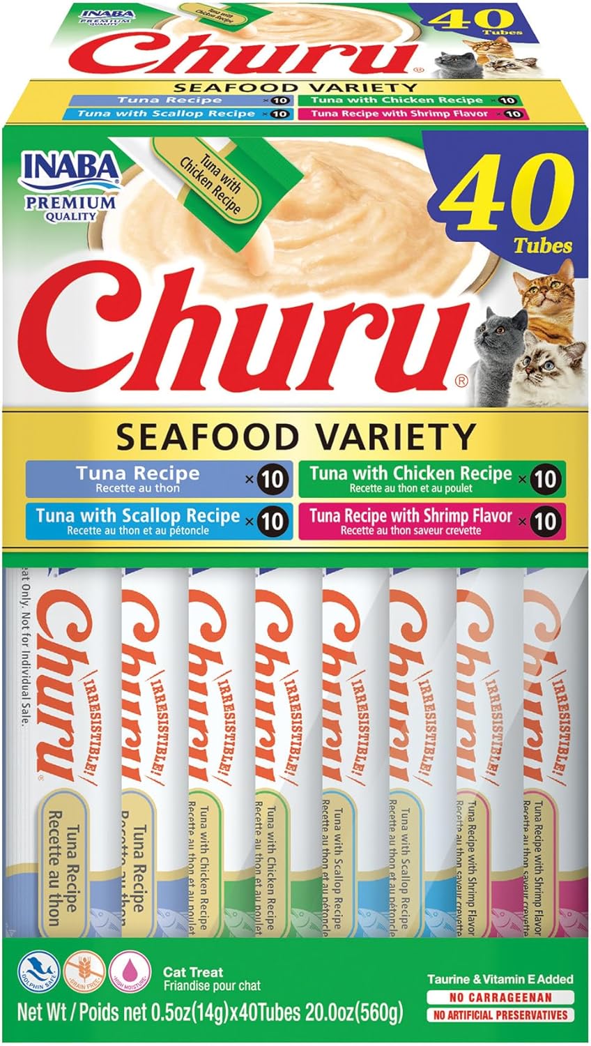 INABA Churu Cat Treats, Lickable, Squeezable Creamy Pure Cat Treat with Green Tea Extract & Taurine, 0.5 Ounces Each Tube, 50 Tubes, Tuna & Chicken Variety - Image 13