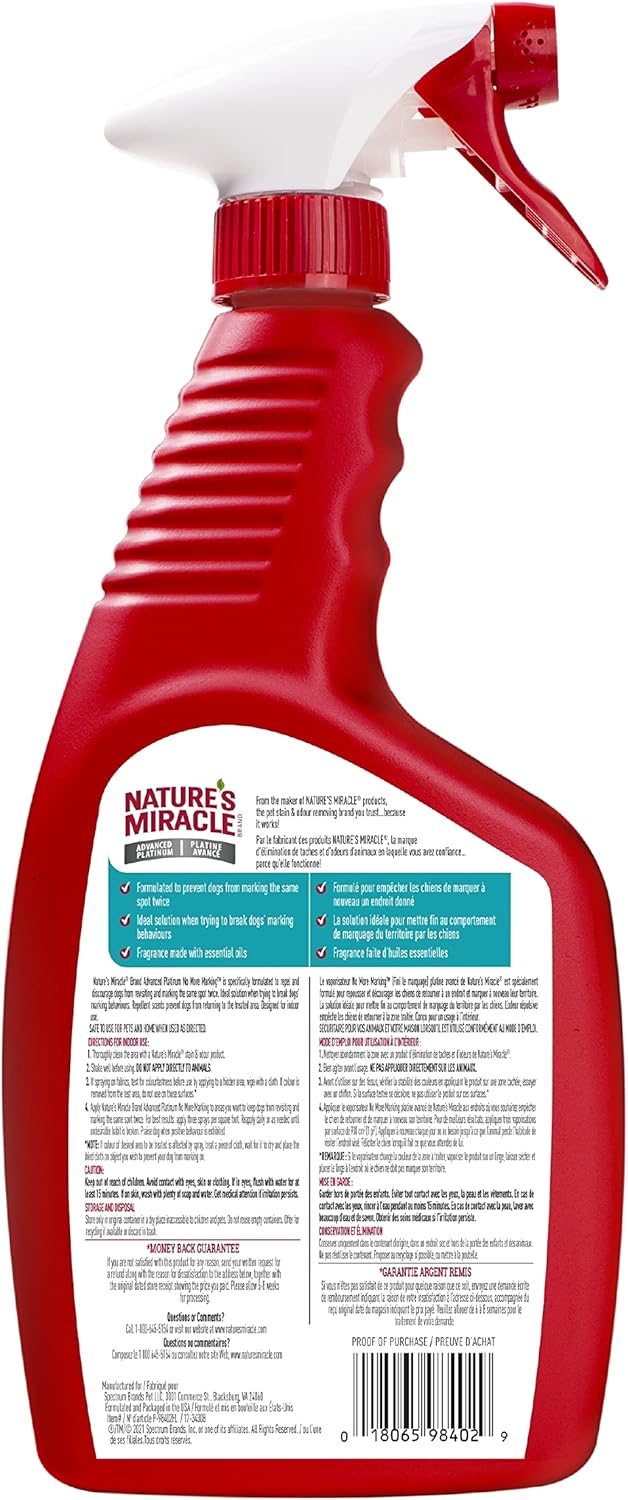 Nature's Miracle Advanced Platinum No More Marking spray bottle for indoor dog training
