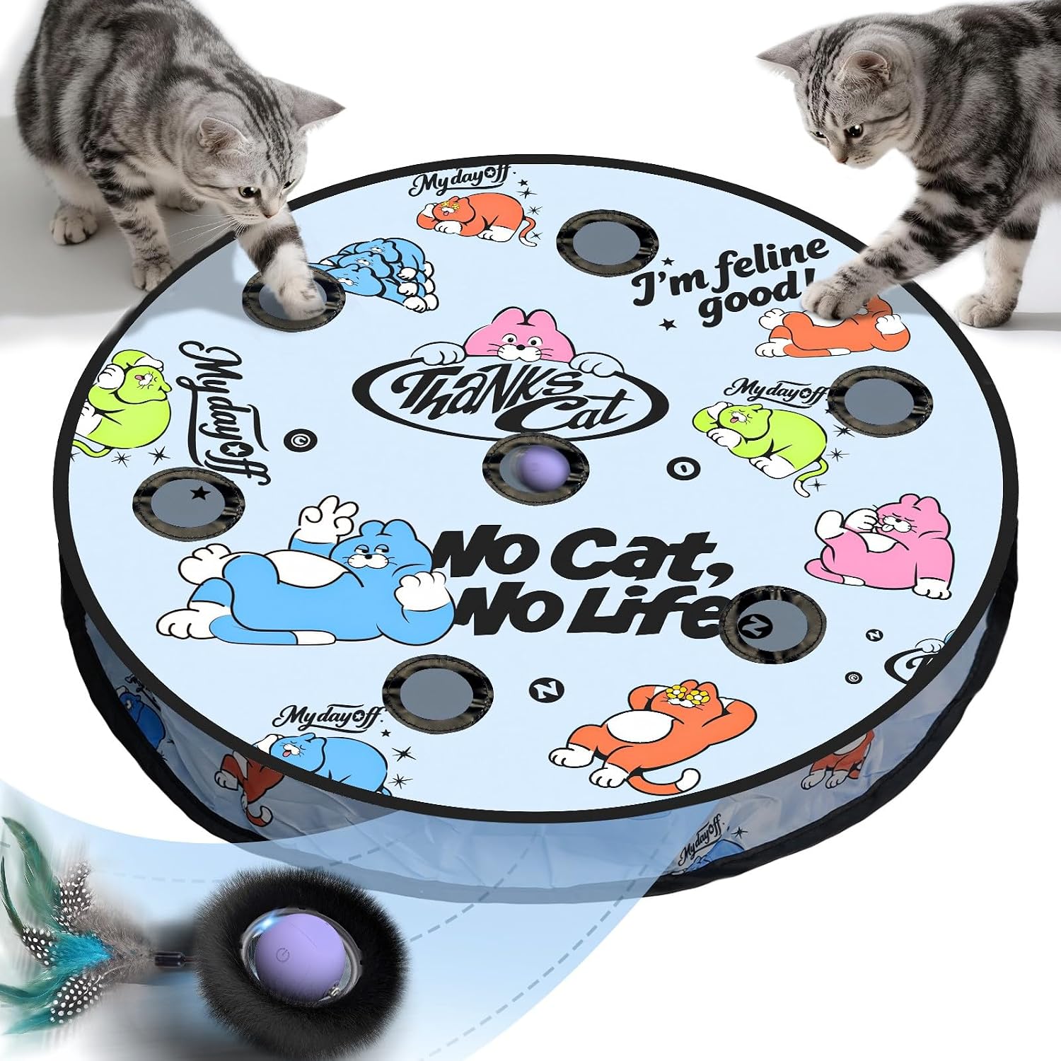 Interactive Cat Toy with Motion Activated Ball & 7-Hole Play Mat, Hide and Seek Exercise Game for Indoor Cats, Automatic Moving Cat Ball in Pouch, Rechargeable Kitten Toys (Starry Night) - Image 9