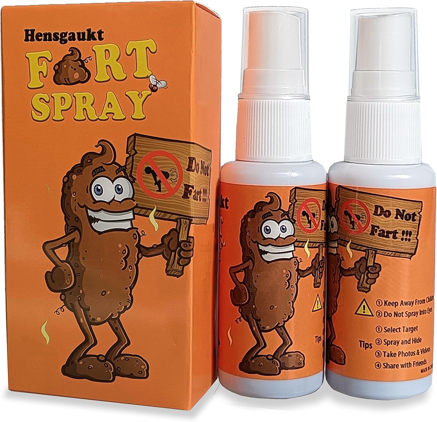 Hensgaukt Stink Fart Spray front view showing the twin pack bottles with cartoon poop character design.