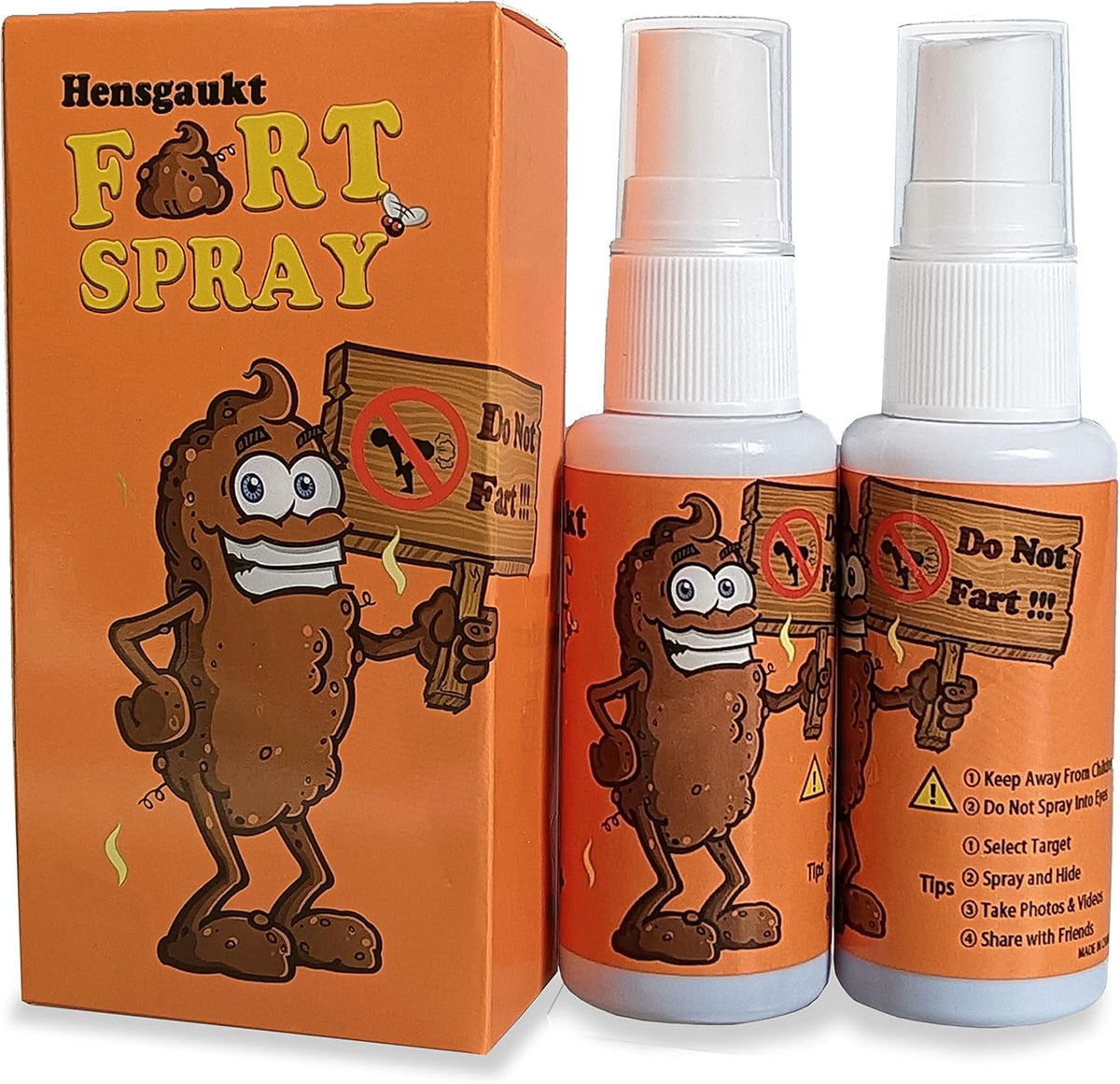 Hensgaukt Stink Fart Spray front view showing the twin pack bottles with cartoon poop character design.