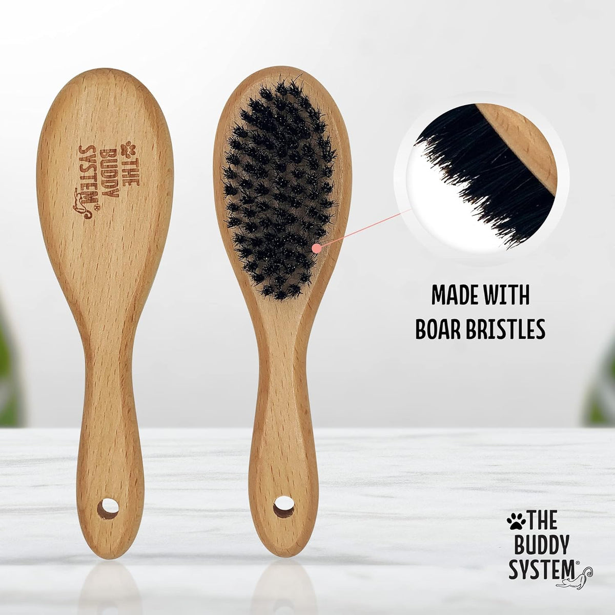 Ergonomic wooden handle of professional grade pet grooming brush close up shot