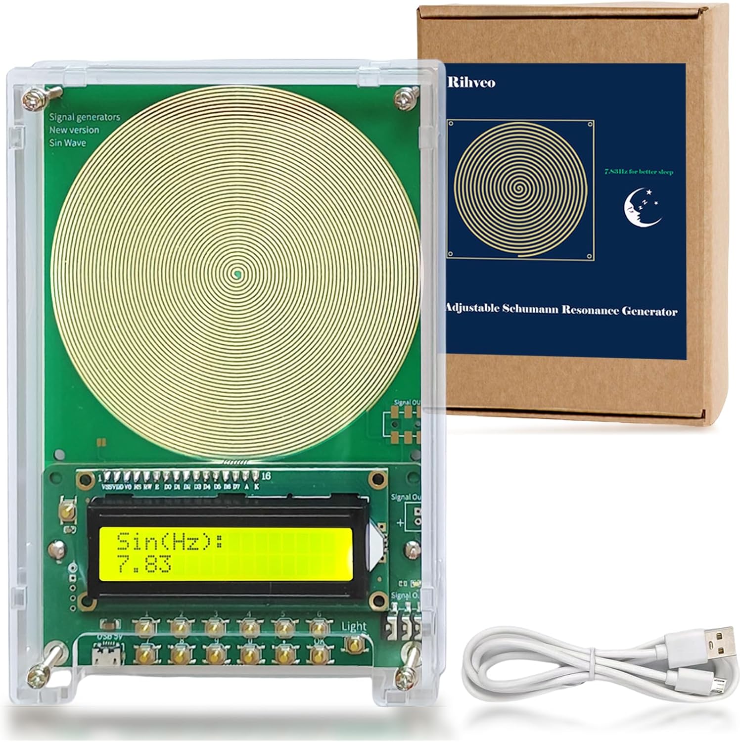 Rihveo adjustable frequency generator for healing front view showing clear acrylic case