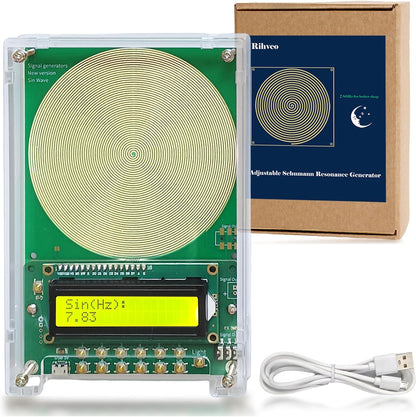 Rihveo adjustable frequency generator for healing front view showing clear acrylic case