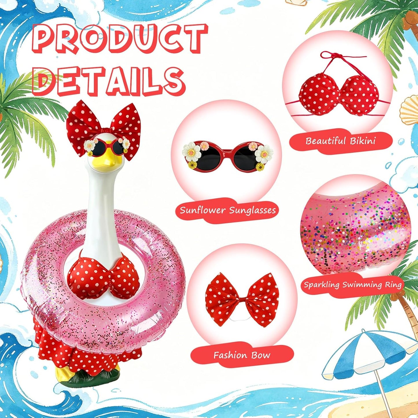 Hawaiian porch goose costume with sunglasses and swim ring close up