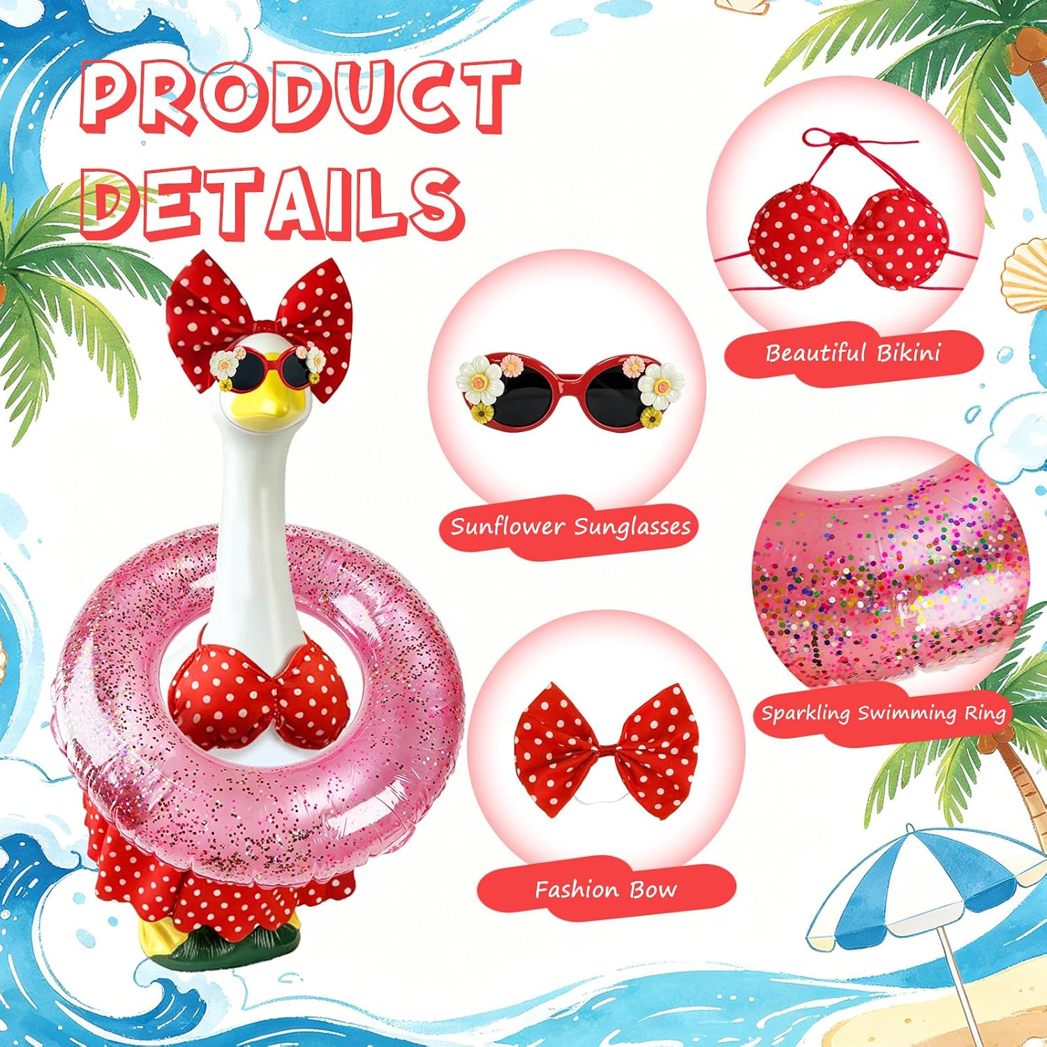 Hawaiian porch goose costume with sunglasses and swim ring close up