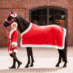 Close up view of the adjustable front buckle closure on the red Christmas horse sheet