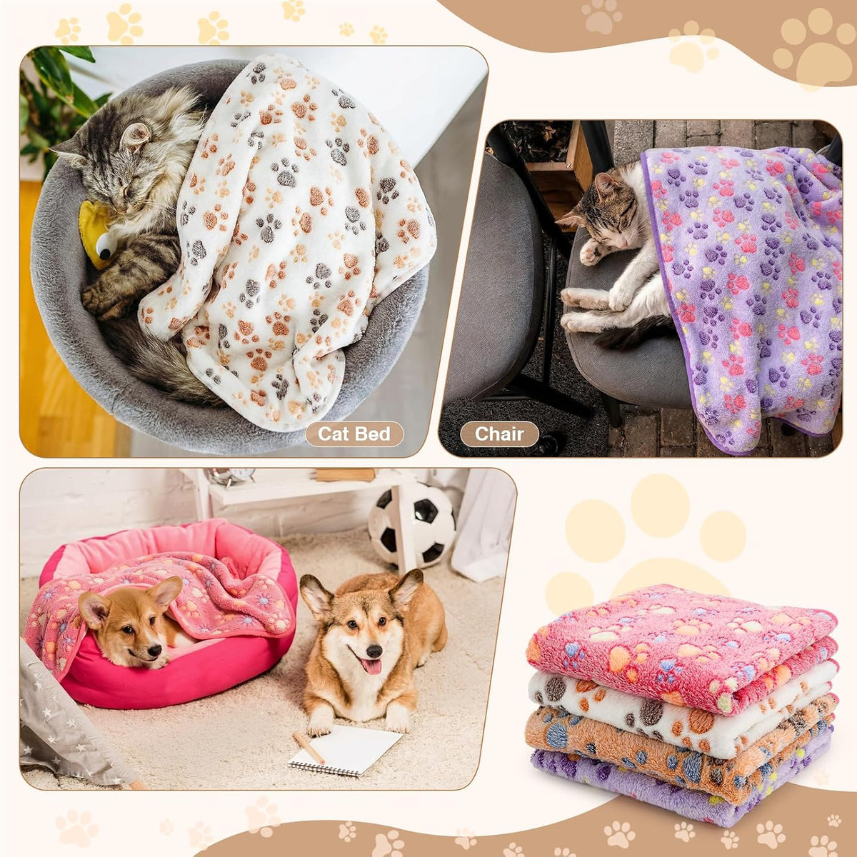 Pack of four soft coral velvet dog mats displayed in mixed colors.