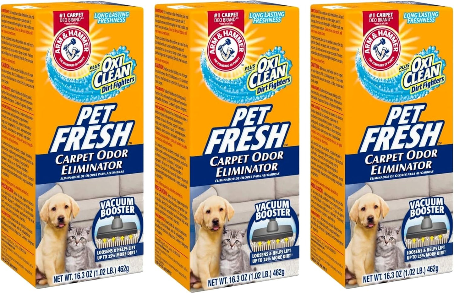 Arm & Hammer pet safe room and rug deodorizing powder with OxiClean dirt fighting technology.