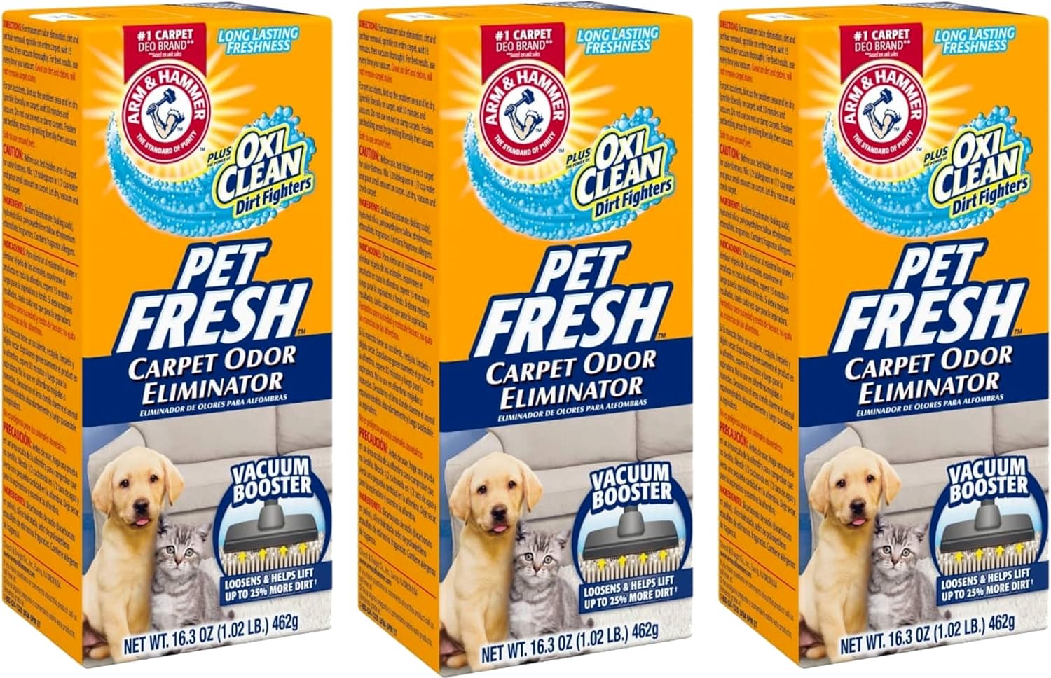 Arm & Hammer pet safe room and rug deodorizing powder with OxiClean dirt fighting technology.