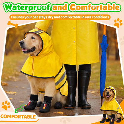 Adjustable belly and neck straps on the yellow dog rain gear.