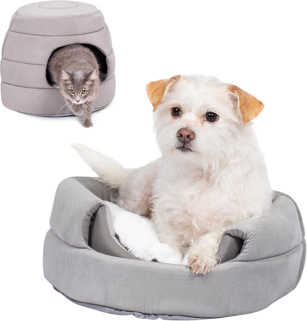Birdrock Home 2 in 1 pet bed front view showing grey cat cave setup