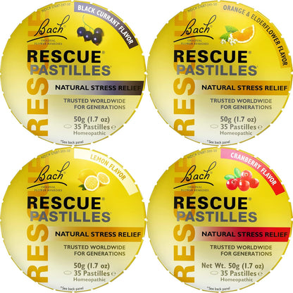 Bach RESCUE Pastilles Variety Pack front view of four tins for stress relief.