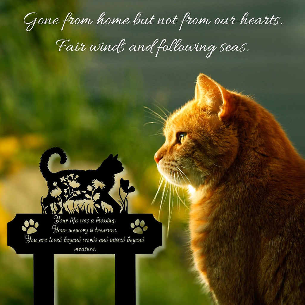 HEGANITS weatherproof cat grave marker stake being placed easily into a backyard flowerbed