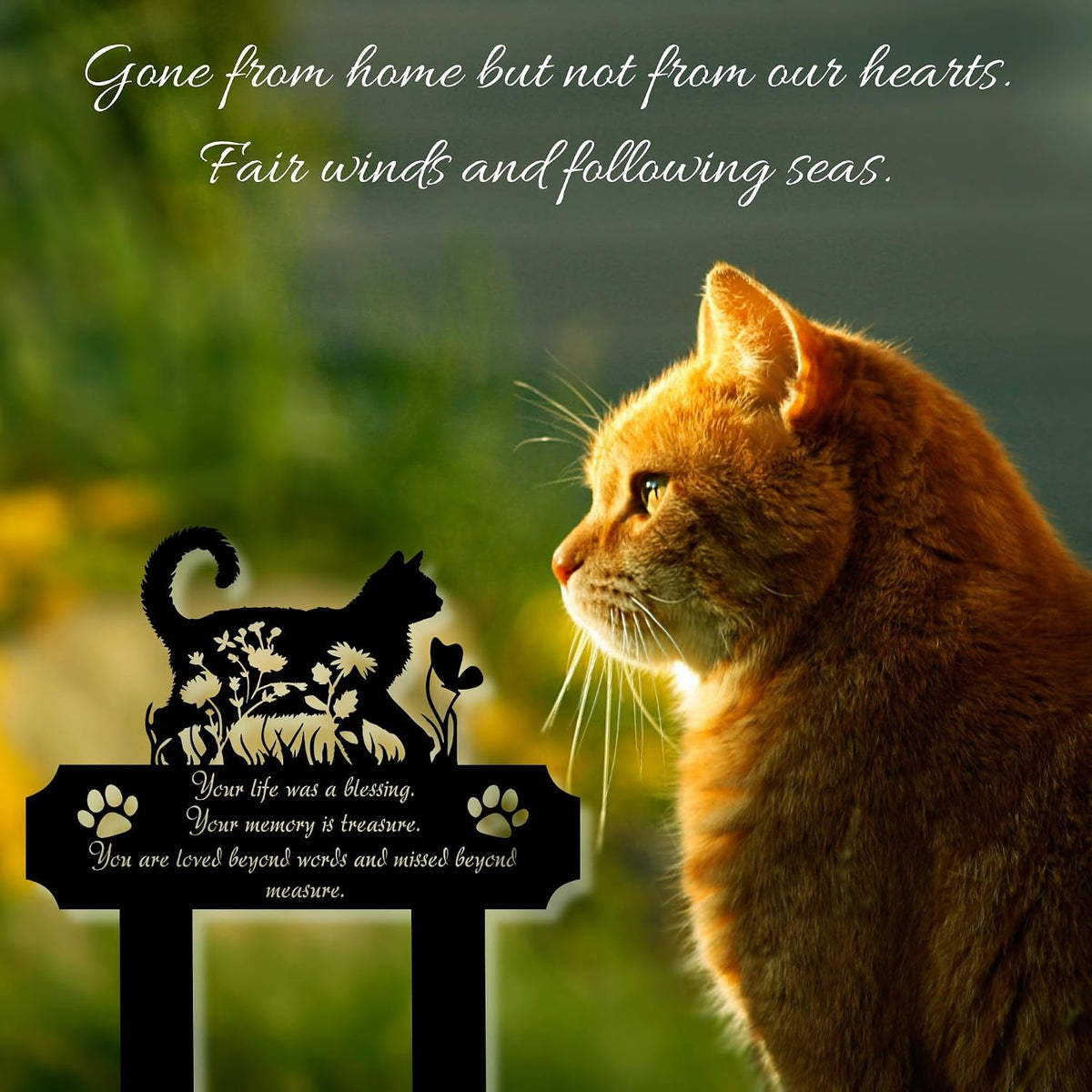 HEGANITS weatherproof cat grave marker stake being placed easily into a backyard flowerbed