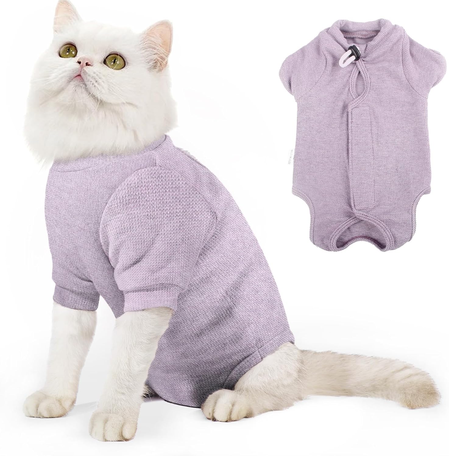 Dotoner cat protective onesie in pink color showing details of the soft material used for medical pet care.