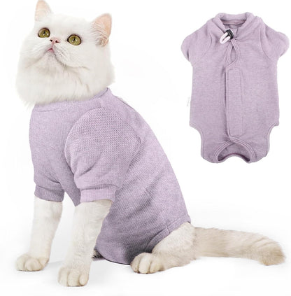 Dotoner cat protective onesie in pink color showing details of the soft material used for medical pet care.