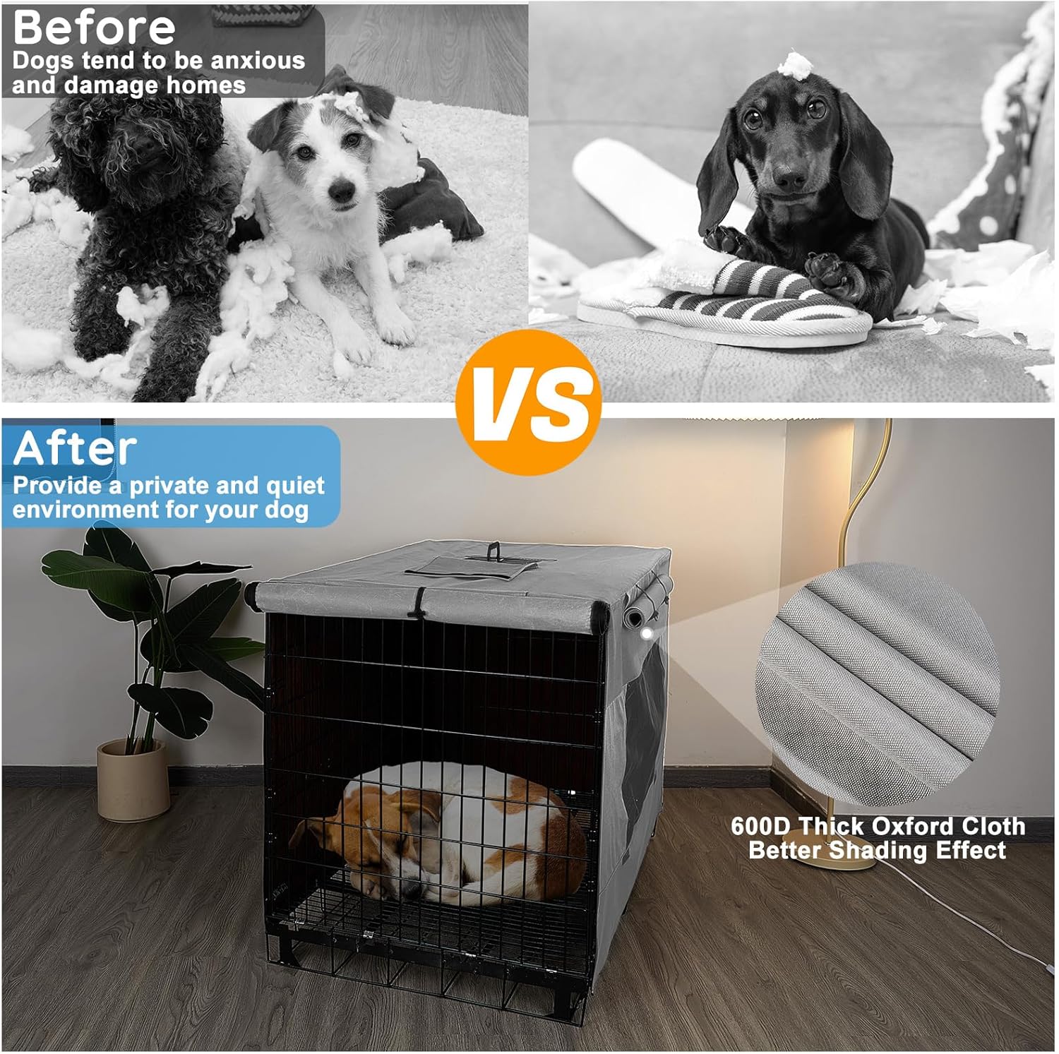 Portable dog kennel cover showing the bottom elastic rope hooks attached to cage.