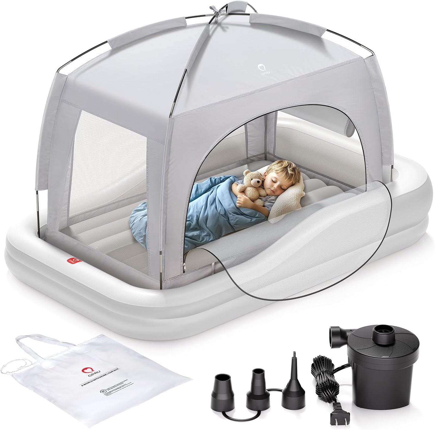 QPAU inflatable toddler travel bed front view showing grey canopy tent and inner mattress
