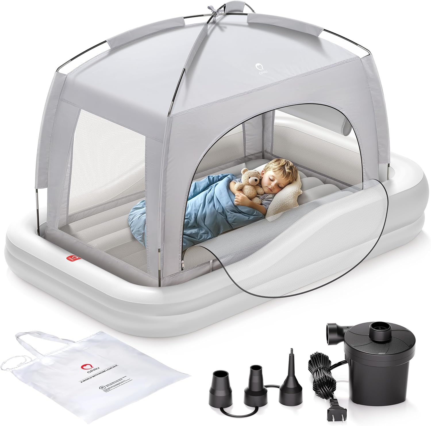 QPAU inflatable toddler travel bed front view showing grey canopy tent and inner mattress