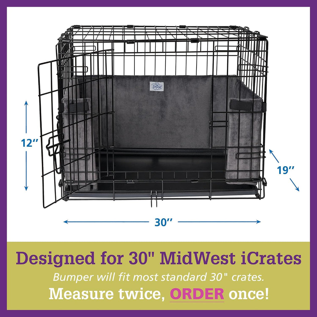 Side view of dog crate with safety bumper installed