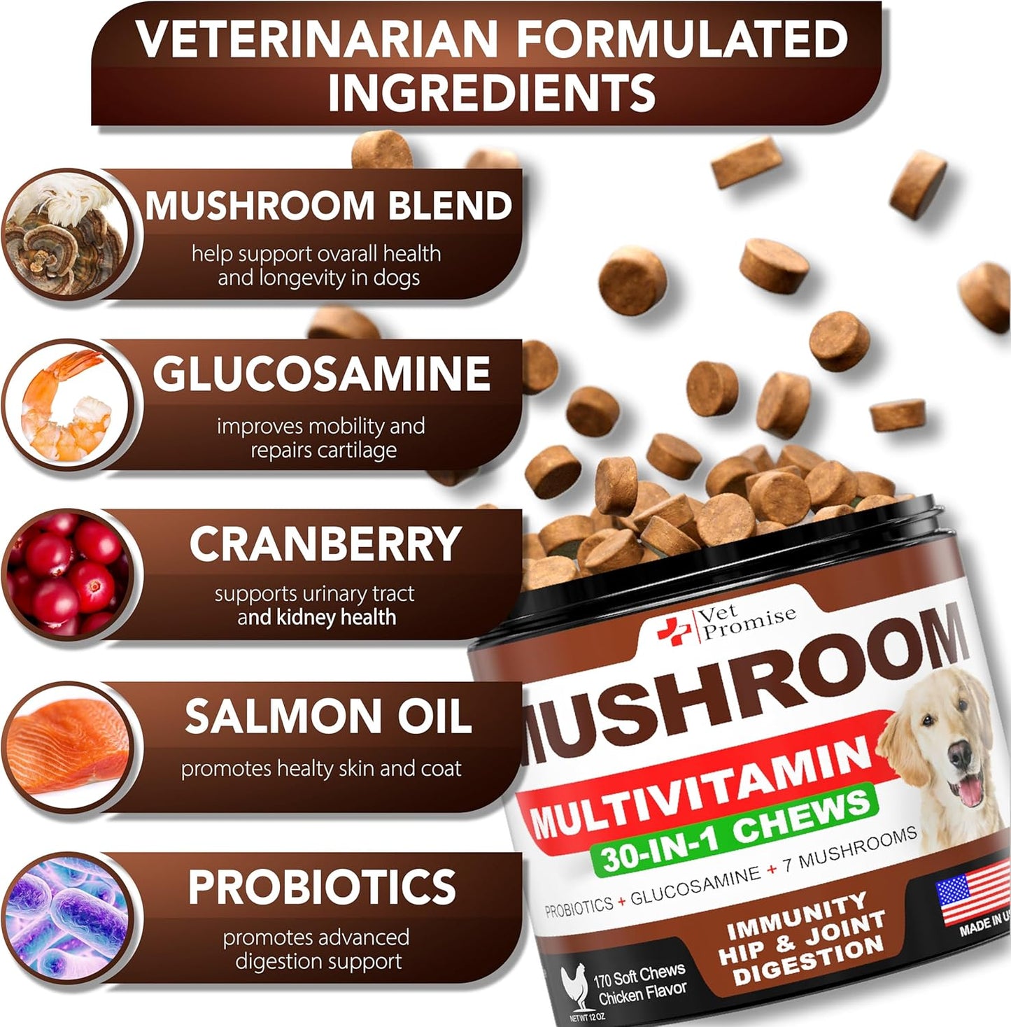 Heart shaped soft chews of Vet Promise mushroom supplement for dogs
