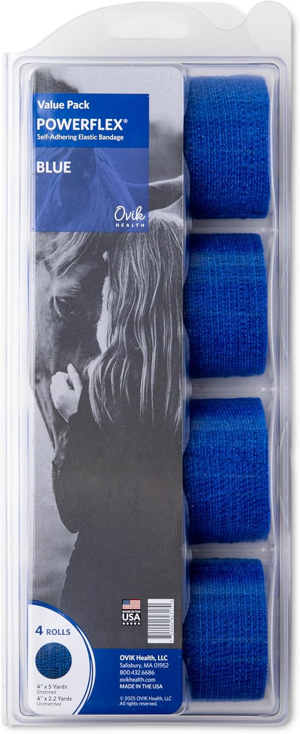 Ovik Health blue cohesive bandage roll showing 4 inch width