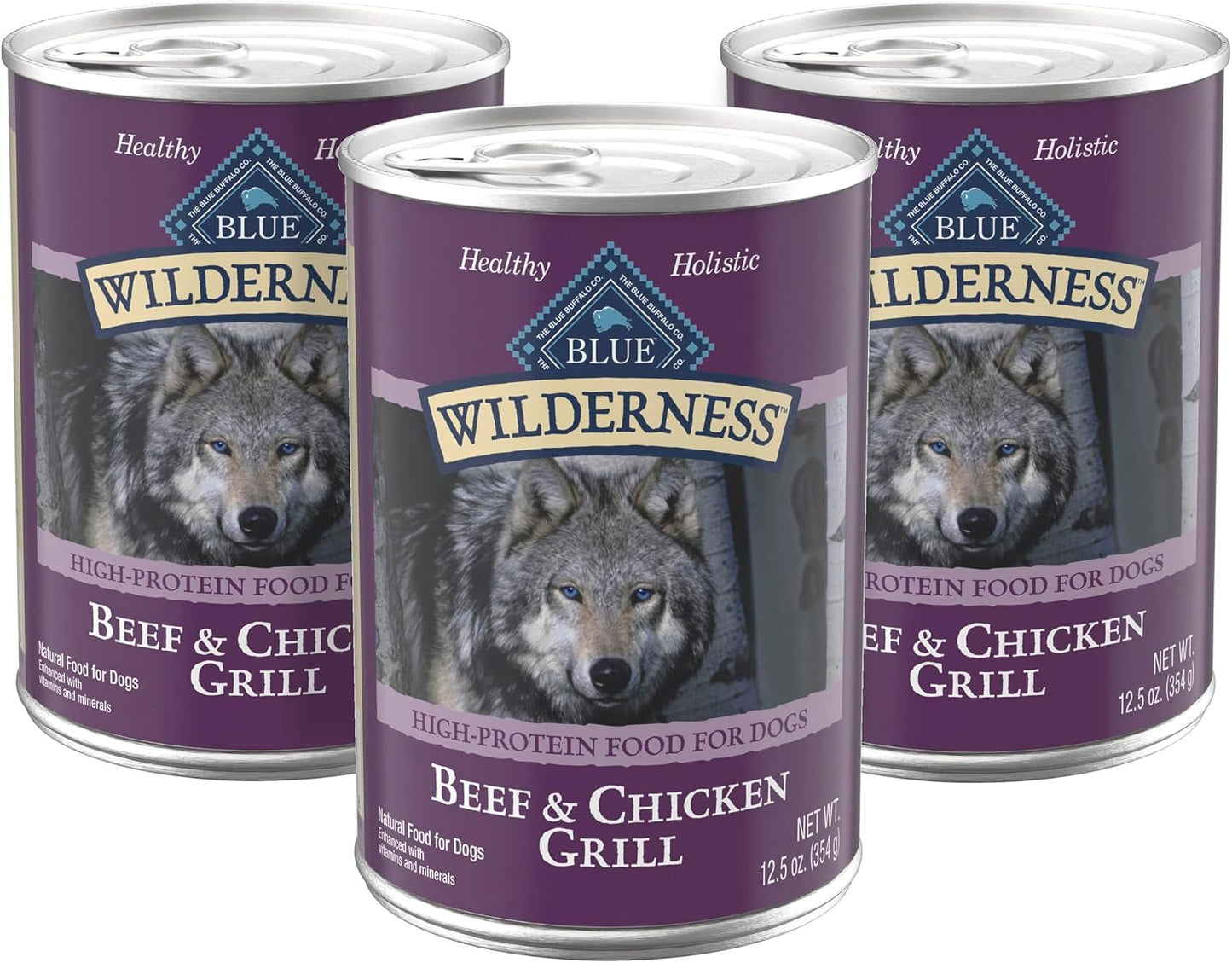 Twelve pack case of Blue Buffalo Wilderness beef chicken grill dog food