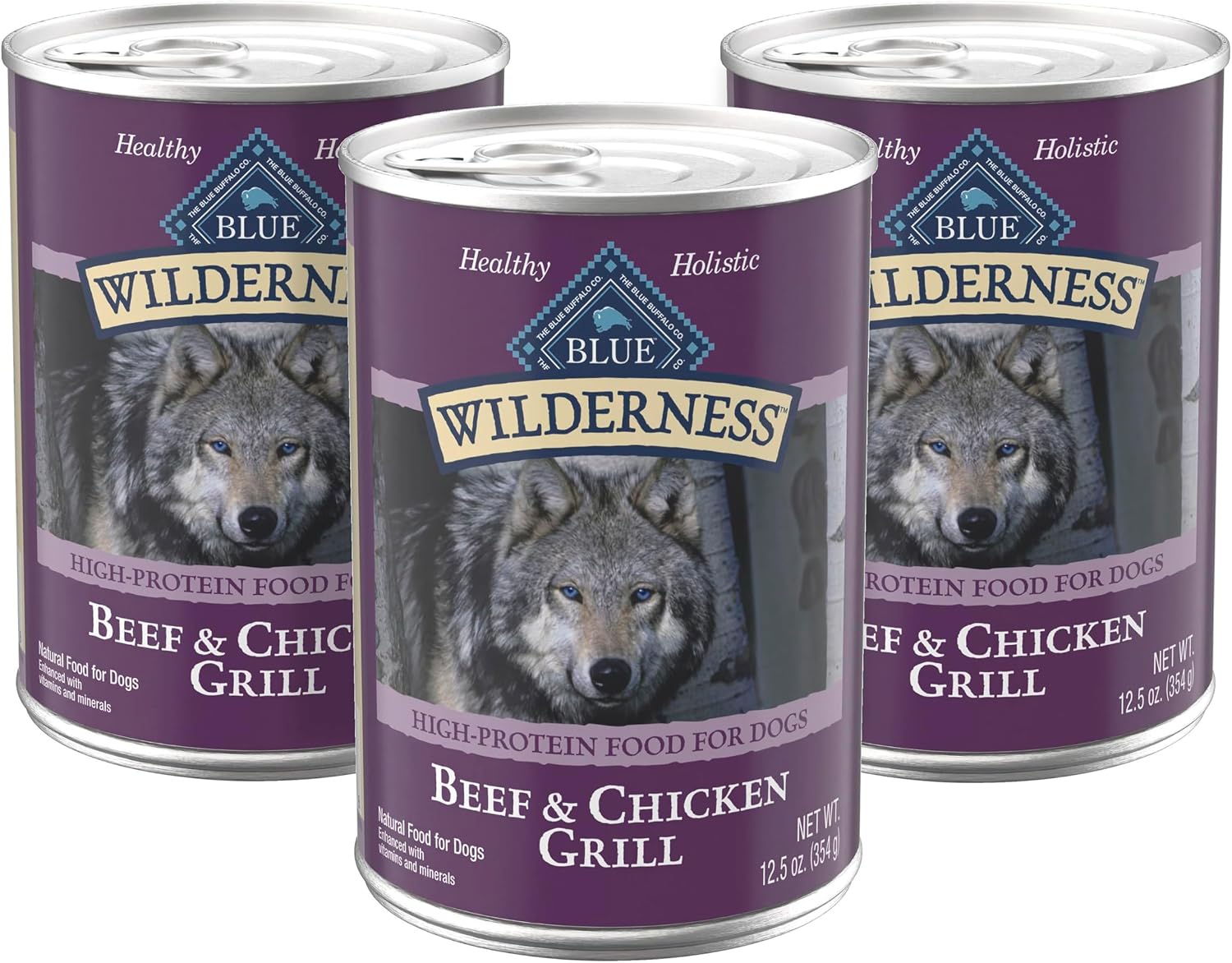 Twelve pack case of Blue Buffalo Wilderness beef chicken grill dog food