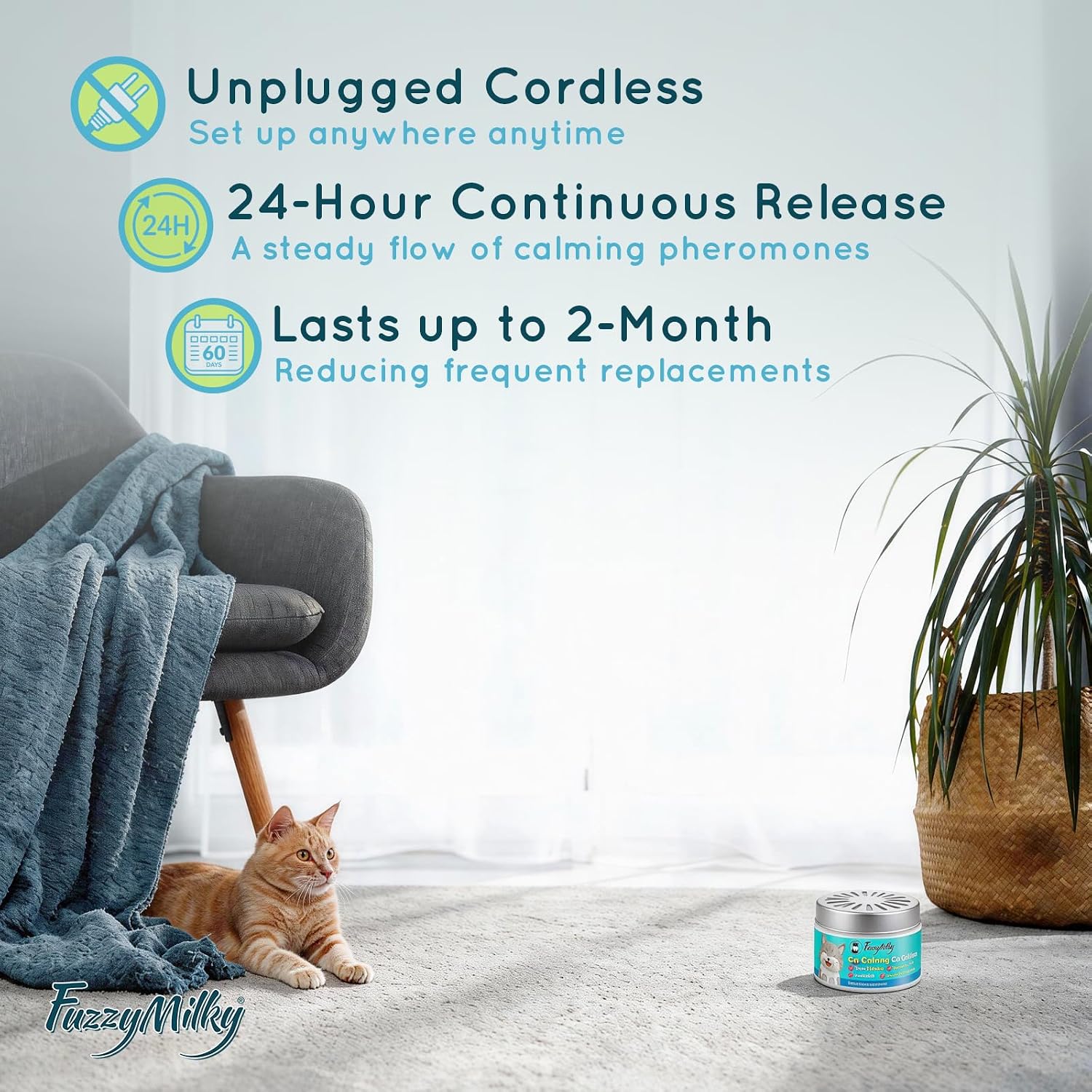 FuzzyMilky feline calming gel placed in a living room setup.