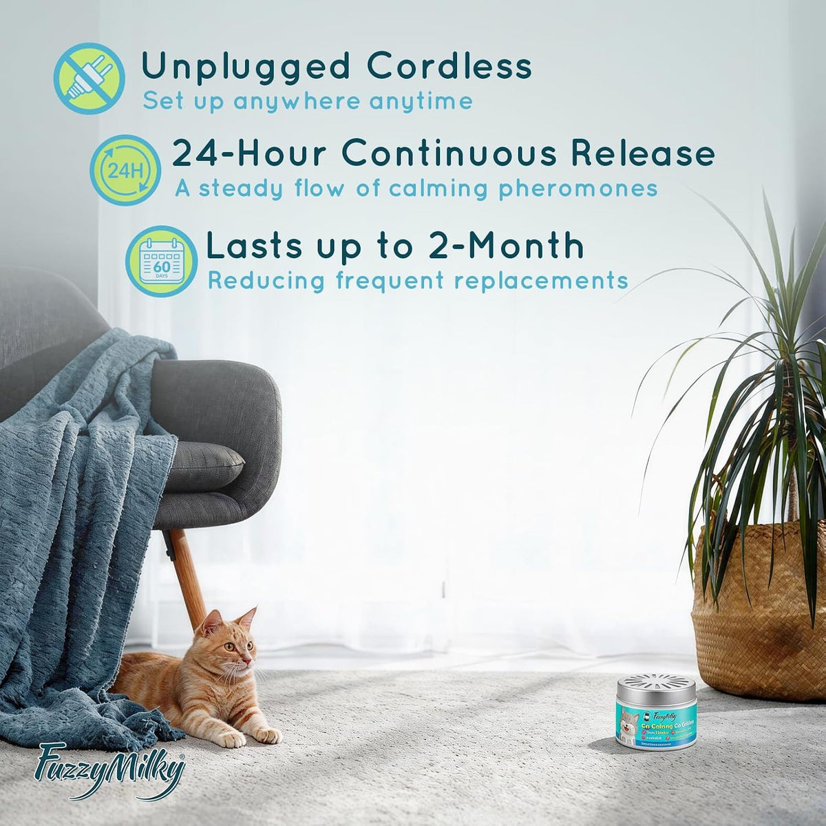 FuzzyMilky feline calming gel placed in a living room setup.