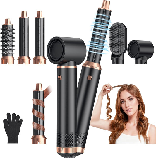 Yitrust 5 in 1 blow dryer brush front view with all five interchangeable styling attachments displayed.