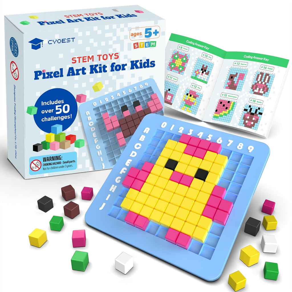 CYOEST STEM Pixel Art Kit front view of packaging showcasing colorful pixel cube designs.