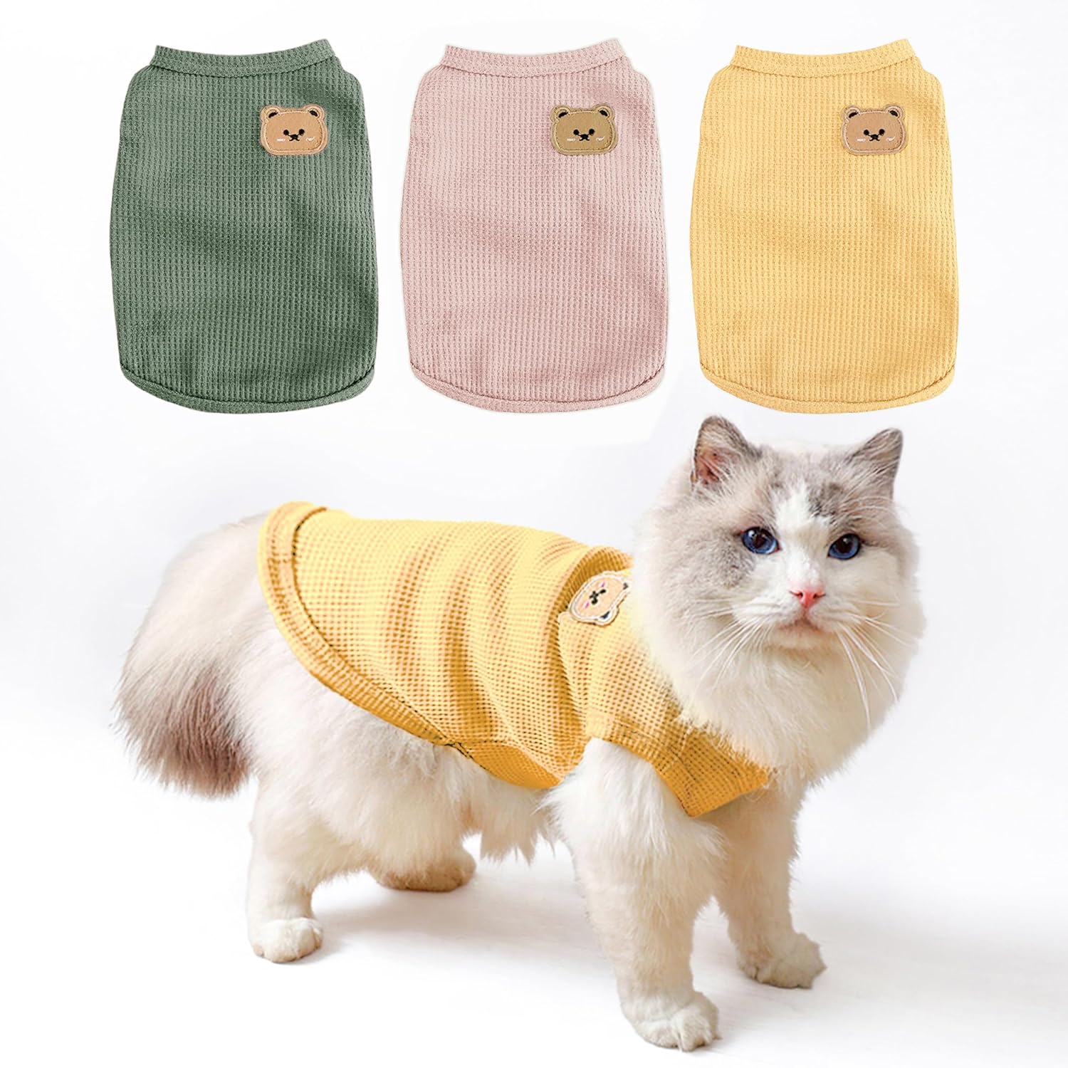 Waffle Knit Cat & Dog T Shirt for Small Dogs, Stretchable Puppy Shirt for Sphynx Cats & Small Breeds, Pet Clothes | Breathable Summer/Winter Apparel for Newborn(Green Large) - Image 9