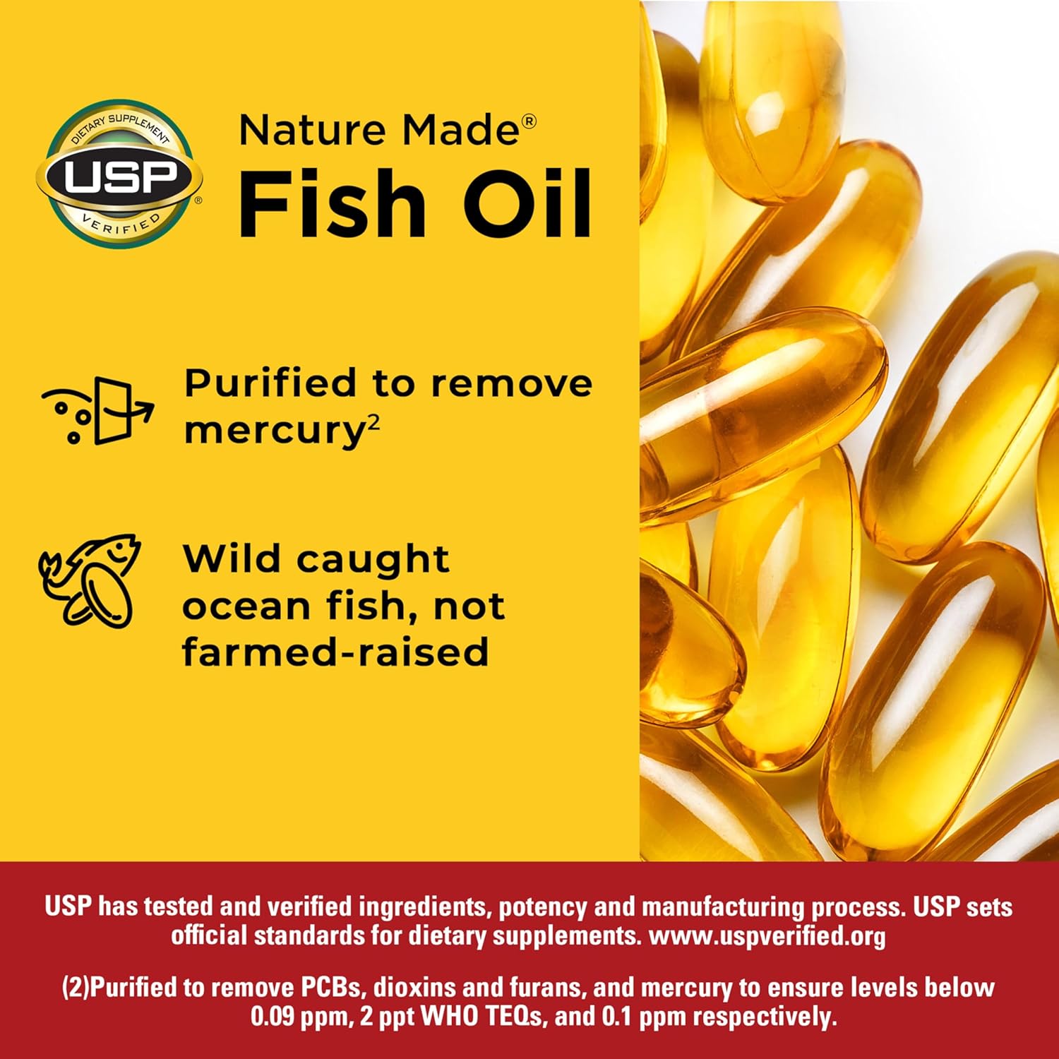 Nature Made wild caught ocean fish oil purified supplement bottle displaying USP verified seal