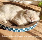 Side profile of oval scratching bowl showing elevated rim