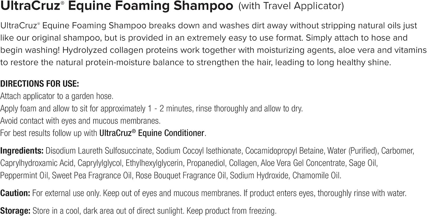Enriched protein and vitamin horse shampoo formula back label instructions.