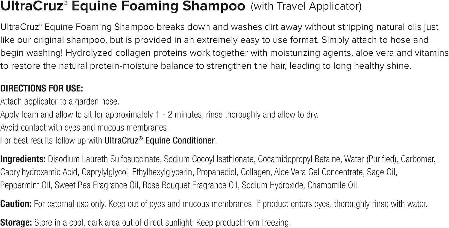 Enriched protein and vitamin horse shampoo formula back label instructions.