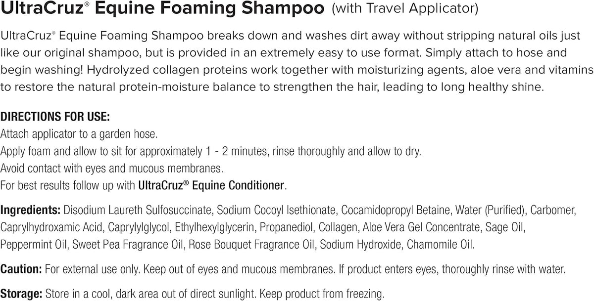 Enriched protein and vitamin horse shampoo formula back label instructions.