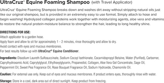 Enriched protein and vitamin horse shampoo formula back label instructions.