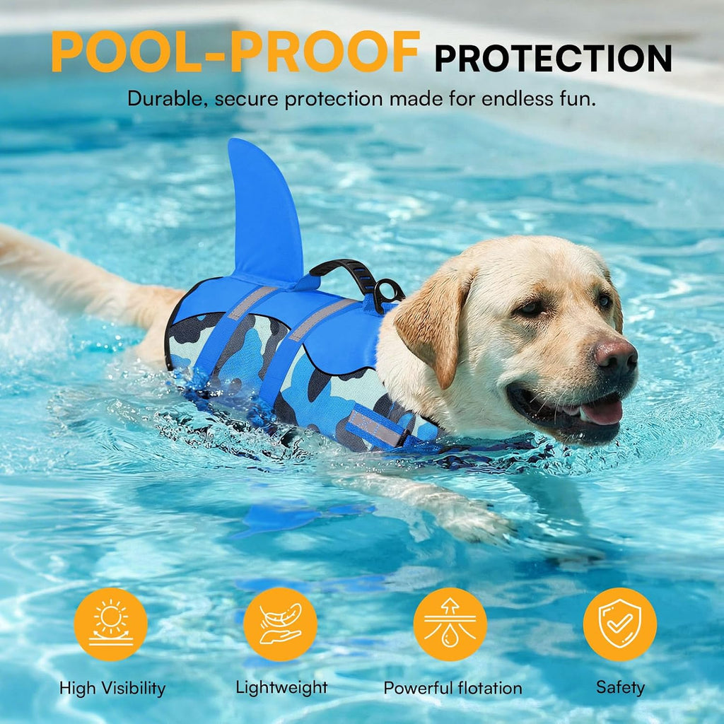 Queenmore shark fin dog life jacket laid flat demonstrating high buoyancy foam